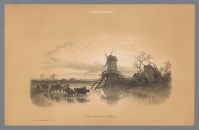 Molino con personas y animales vadeando el agua Estudios de figuras en un paisaje (título de serie) L