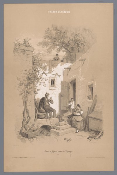 Padres con hijos en su casa de pueblo Estudios de figuras en un paisaje (título de serie) L