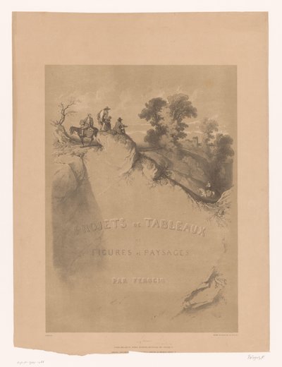 Impresión de título con paisaje rocoso y viajeros a lo largo de un desfiladero Estudios de paisajes y figuras de Férogio (título de la serie) Projets de tableaux de figures et paysages, par Férogio (título de la serie sobre el objeto) de Fortuné Ferogio
