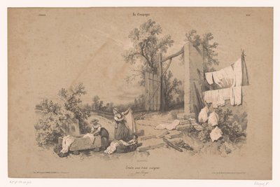 Dos mujeres y un niño hacen la colada al aire libre Estudios de escenas rurales con dos tipos de tiza (título de la serie) La Campaña. Etude aux deux crayons, par Férogio (título de la serie sobre el objeto) de Fortuné Ferogio