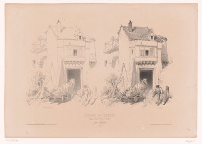 Conductor de camión con caballos y carruajes descansa en una puerta Curso de dibujo con estudios de paisajes, animales y detalles (título de la serie) Curso el diseño. Paysages, figures, animaux, accessories, de Férogio (título de la serie sobre el objeto) de Fortuné Ferogio