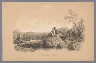 mujer, con, dos, niños, por, un, lago, con, un, castillo Estudios de figuras en un paisaje (título de serie) L