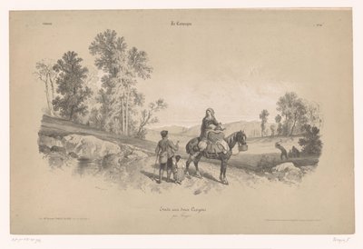Mujer a caballo con hombre y niño en un paisaje. Estudios de escenas rurales con dos tipos de tiza (título de la serie) La Campaña. Etude aux deux crayons, par Férogio (título de la serie sobre el objeto) de Fortuné Ferogio