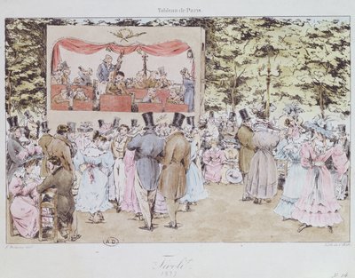 Entretenimiento musical en los Nuevos Jardines Tivoli, París, grabado por C. Motte, 1827 de Fortune Delarue