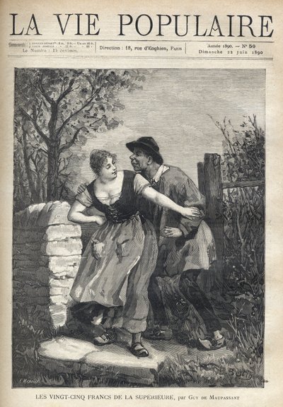 Una pareja de campesinos, el hombre con una blusa y zuecos, salta sobre la joven que lo empuja con una sonrisa y ligereza. Ilustración de E. Bertin para Les veinticinco francos de la superiora por Guy de Maupassant (1850-1893). Grabado por Fortune Meaulle  de Fortune Louis Meaulle