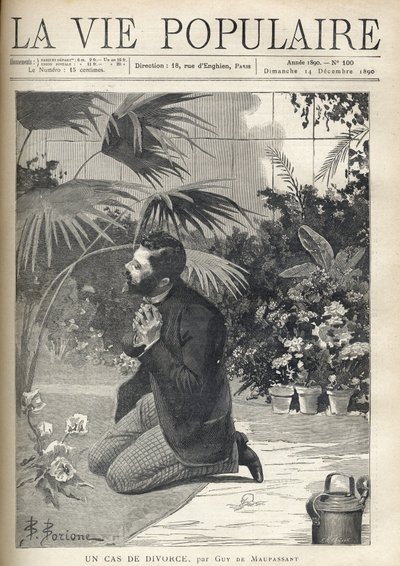 Un hombre desesperado reza de rodillas en un invernadero. Ilustración de F. Meaulle según B. Borione para 