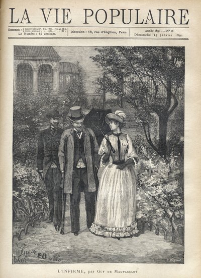 Un hombre con muletas camina con una joven elegante en los pasillos de un parque. Un segundo hombre los sigue. Ilustración de Fortune Louis (Fortune-Louis) Meaulle para "El inválido" de Guy de Maupassant (1850-1893). Grabado de 1891 en "La vie populaire" de Fortune Louis Meaulle