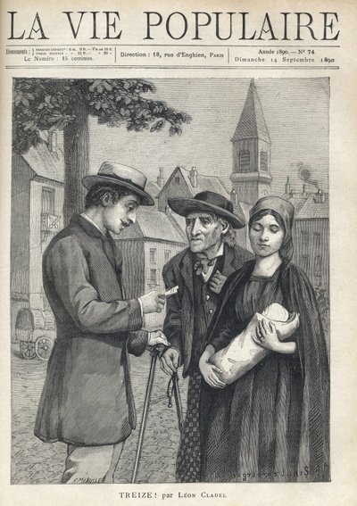 Una enfermera sosteniendo un recién nacido, acompañada por su padre, un viejo campesino, con mirada decidida, se encuentra con un hombre de la burguesía, que lee cuidadosamente un papel, en la plaza de un pueblo provincial (Ilustración de René Schutzenberg de Fortune Louis Meaulle