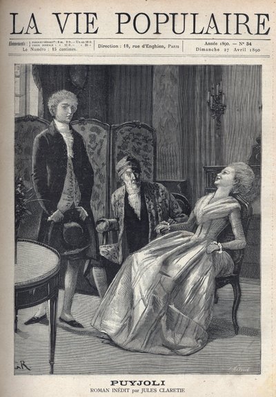 Un joven rubio guapo, con mala apariencia, acaba de hacer su propuesta, ve a la chica reírse, derramada sobre su silla, bajo la mirada atónita de su padre. Ilustración para Puyjoli por Jules Claretie (1840-1913). Grabado por Fortune Meaulle (184) de Fortune Louis Meaulle