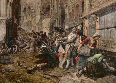 Un episodio del asedio en Lille, octubre de 1792 - Asedio de Lille en 1792: la peluca Maes usando una bomba como plato de barba para afeitar a un cliente - grabado de Meaulle después de la pintura de Gaston Melingue de Fortune Louis Meaulle