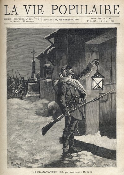 Un soldado, cargando todo su equipo, un rifle con bayoneta y agitando una linterna frente a la puerta cerrada de una casa de pueblo. Detrás de él, cerca de la Cruz de Hierro, el resto de la tropa llega para unirse a él. Ilustración de Montegut (?), para Le de Fortune Louis Meaulle