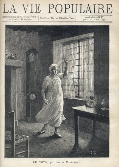 Una mujer en camisa y gorro de noche, con una cara llena de miedo, ojos tristes y una mano levantada, se levanta descalza frente a la ventana de su casa, a través de la cual se ven los mástiles de los barcos. Dentro, un reloj, una jaula de pájaros y pocos  de Fortune Louis Meaulle