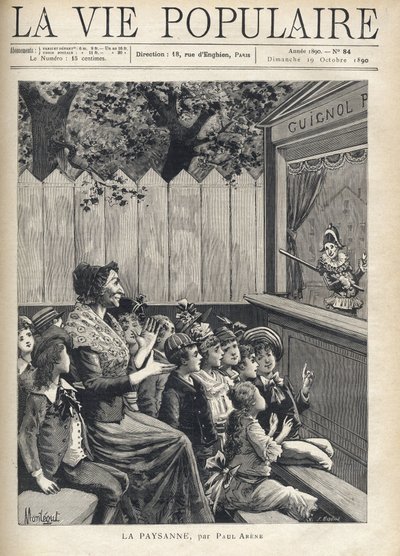 Una mujer en medio de un grupo de niños aplaude un espectáculo de marionetas (Guignol) (Ilustración de Fortune Meaulle para 