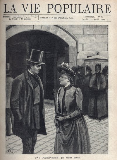 Una joven con un sombrero con velo que cubre su rostro, sosteniendo un paraguas y un libro, habla con un joven elegante, traje y sombrero de copa, manos en los bolsillos. Detrás de ellos un grupo de mujeres severas, abrigo oscuro y veladas. Están siendo ob de Fortune Louis Meaulle