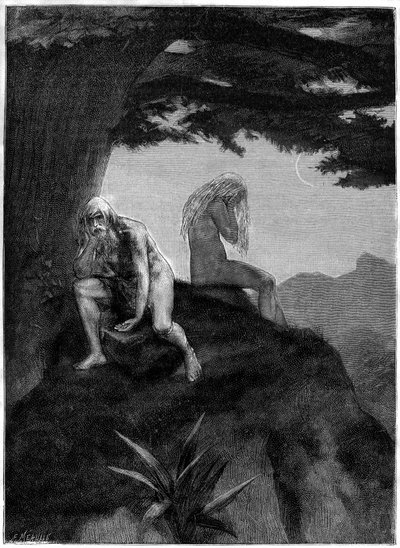 Adán y Eva. Dibujo de tumbas de Meaulle, ilustrando el poema de Victor Hugo "Les misheureux", en la colección "Les contemplations", edición Paul Ollendorff, principios del siglo XX. de Fortune Louis Meaulle