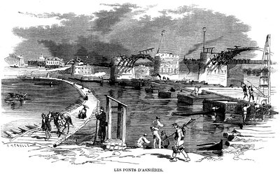 Tras el incendio del puente de Asnieres durante el sitio de París en 1870, se instaló un puente de barcas - en este grabado de Meaulle (hacia 1870), otra estructura de madera junto al puente detruit - Comuna de París -. de Fortune Louis Meaulle