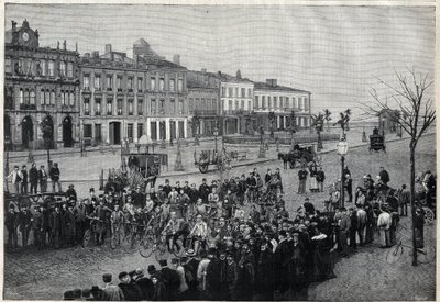 Salida de la carrera ciclista Burdeos-París en 1891 - grabado por Meaulle de 1891 de Fortune Louis Meaulle