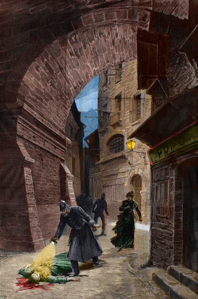 Descubrimiento de una víctima de Jack el Destripador, Whitechapel, Londres de Fortune Louis Meaulle