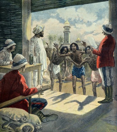 Hindúes piden ayuda a los ingleses durante la gran hambruna de 1896 - 1897 (Grabado) de Fortune Louis Meaulle