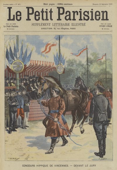 Caballos desfilando ante el jurado en una competencia en Vincennes, París de Fortune Louis Meaulle