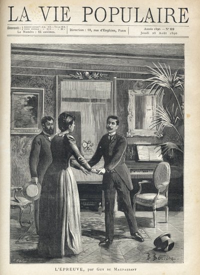 En un salón burgués, un hombre se precipita hacia la dueña de la casa y le agarra las manos, dejando caer su sombrero al suelo, bajo la mirada asombrada de otro hombre. Ilustración de Bernard Borione (1865-20th century), para la prueba de Guy de Fortune Louis Meaulle