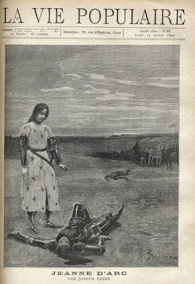 Frente a la tropa de caballeros armados, Juana de Arco con armadura, cabeza descubierta, mira con tristeza el cuerpo de un caballero muerto, su cabeza bañada en un charco de sangre. Ilustración de Bernard Borione (1865-siglo XX), para Juana de Arco de Jose de Fortune Louis Meaulle