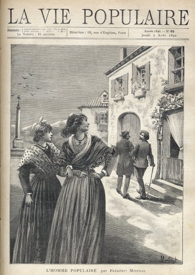 En las calles de un pueblo de Provenza, dos mujeres bonitas con vestidos provenzales se vuelven hacia la calle para enfrentar a un hombre que se dirige confiado hacia sus ojos. Ilustración de Montegut para El Hombre Popular por Frederic Mistral (1830-1914) de Fortune Louis Meaulle
