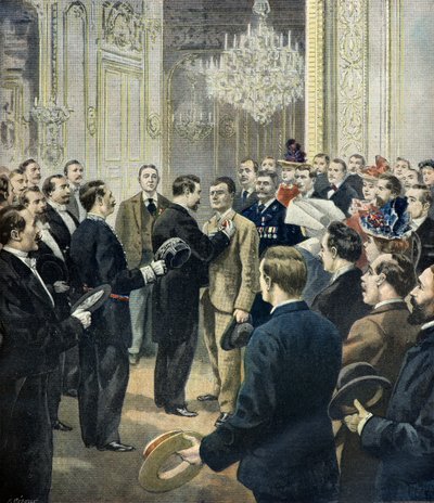Louis Barthou condecora al cochero Georges, salvador del bazar de la charite ,1897 (Grabado) de Fortune Louis Meaulle