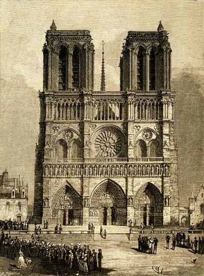 Notre-Dame de París en 1482: fachada oeste y parvis. Grabado de F. Meaulle, basado en un dibujo de Viollet le Duc (Viollet-le-Duc) que ilustra la novela homónima de Victor Hugo, edición Ollendorff principios del siglo XX. Abajo a la izquierda, de Fortune Louis Meaulle