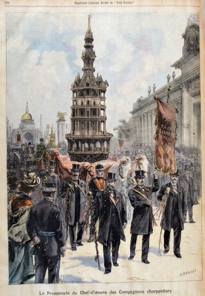 Paseo de la obra maestra de los Carpinteros Compañeros, grabado por Fortuné Louis Méaulle (1844-1916), finales del siglo XIX (litografía en color) de Fortune Louis Meaulle
