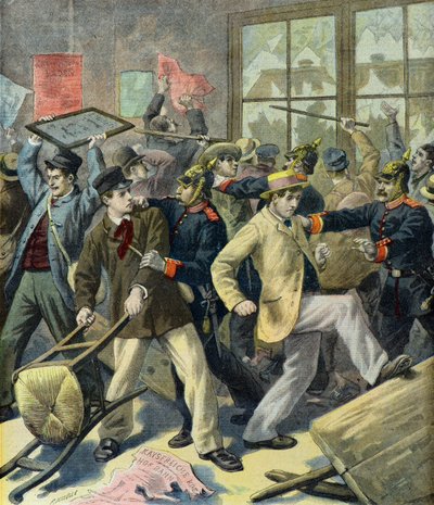 Rebelión de reclutas de Alsacia Lorena en estaciones alemanas (Grabado) de Fortune Louis Meaulle