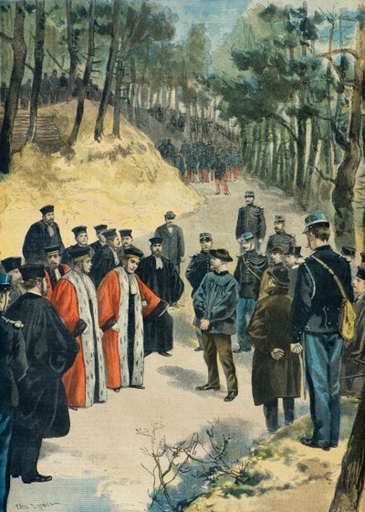 Reconstrucción del asesinato del farmacéutico Limours en 1897 (Grabado) de Fortune Louis Meaulle