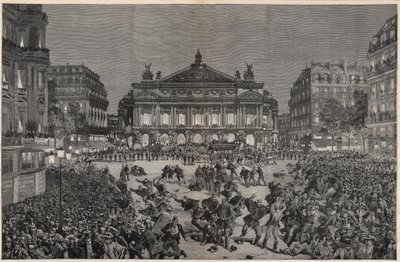 Disturbios en París objetando la representación de “Lohengrin” de Richard Wagner en el Palais Garnier 1891 - Demostración patriótica, plaza de la Ópera, en París en 1891 durante la primera representación de “Lohengrin” de Richard Wagner - Grabado de Fortu de Fortune Louis Meaulle