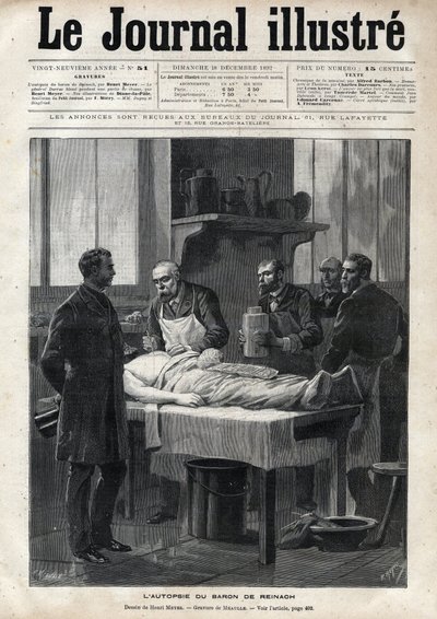 La autopsia del Barón Jacques de Reinach (1840-1892) en 1892 - grabado de Meaulle en “El Diario Ilustrado” de 1892 de Fortune Louis Meaulle