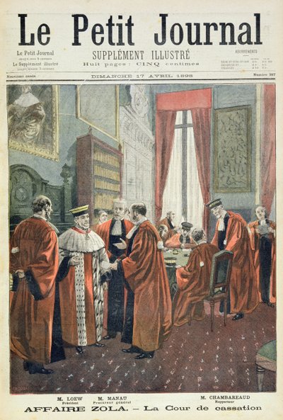 Página de título que representa el Tribunal de Casación con el Sr. Loew, el Sr. Chambareaud y el Sr. Manau, ilustración del suplemento ilustrado de Le Petit Journal de Fortune Louis Meaulle