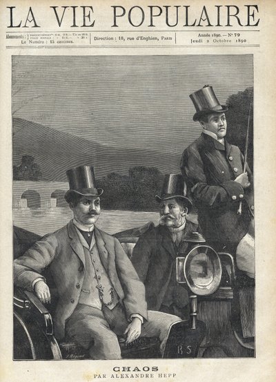 Dos hombres con traje y sombrero de copa montados en un carruaje tirado por caballos, conducido por un cochero. Se dirigen a lo largo de un río. Ilustración para Caos por Alexandre Hepp (1857-1924). Grabado por Fortune Meaulle (1844-1901) de Fortune Louis Meaulle