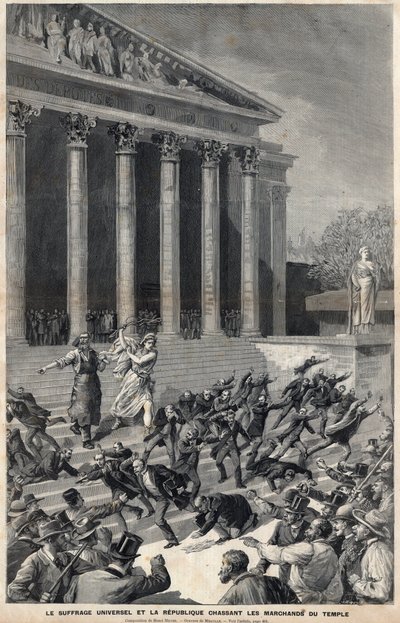 Sufragio Universal y la República expulsando a los mercaderes del Templo - alegoría sobre las secuelas del asunto de Panamá - Grabado de Meaulle por Henri Meyer de Fortune Louis Meaulle