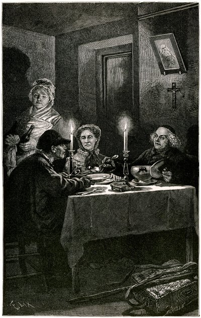 Victor Hugo "Los Miserables" Ilustración de Lix grabada por Meaulle: el Forcat y la Eveque. Jean Valjean, a quien la eveque Myriel ofreció el hospital, cometerá su última fuga: la vajilla de plata de su anfitrión. Sobre la mesa, los dos candelabros de plat de Fortune Louis Meaulle