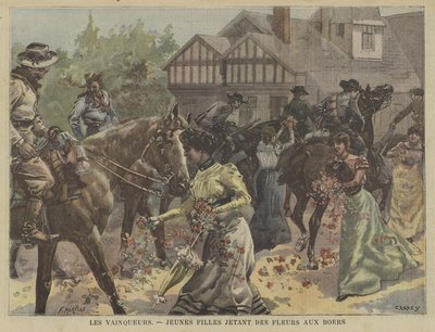 Jóvenes lanzando flores a las tropas bóer victoriosas en Sudáfrica de Fortune Louis Meaulle