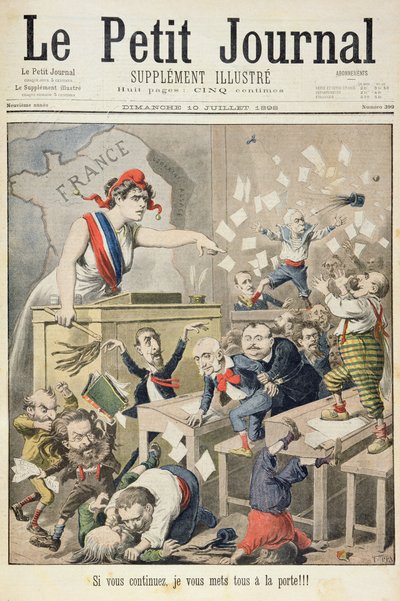Página de título que representa un alboroto en la Cámara de Diputados, ilustración del suplemento ilustrado de Le Petit Journal, 10 de julio de 1898 de Fortune Louis Meaulle and Henri Meyer
