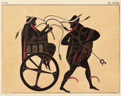 Grabado de la decoración de un ánfora griega, que muestra a Triptólemo y a Hermes, c. 1858 (acuarela y acuarela sobre litografía en papel de lana) de Fourquemin Fourquemin