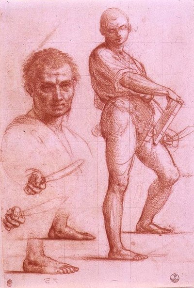 Estudio de un hombre sosteniendo una espada y un libro, la espada y los pies ensayados dos veces, y una cabeza masculina de Fra Bartolomeo