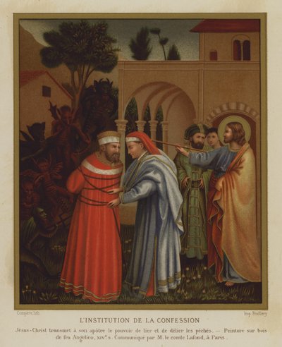 La institución de la confesión (litografía a color) de Fra (after) Angelico