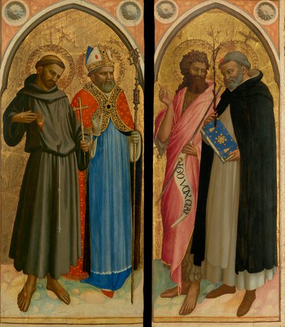 San Francisco y un obispo santo, San Juan Bautista y Santo Domingo, finales de la década de 1420 (temple y pan de oro sobre tabla) de Fra (c.1387 1455) Angelico