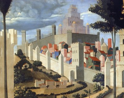 Deposición de Cristo (retablo de la Santísima Trinidad), detalle (paisaje con vista de Jerusalén y el templo de Salomón) de Fra  Angelico