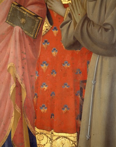 (detalle) Túnica y vestimenta de San Juan el evangelista, San Lorenzo y San Francisco de Fra  Angelico