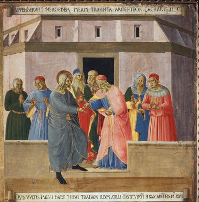 Judas fue a los principales sacerdotes y acordó entregar a Jesús a cambio de treinta monedas de plata. Vida de Cristo, Armadio degli Argenti de Fra  Angelico