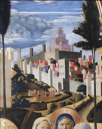 Paisaje con vista de Jerusalén y el templo de Salomón (detalle) de Fra  Angelico