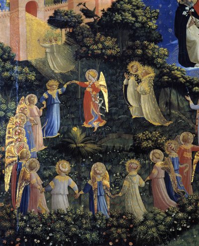 El juicio final: detalle de una ronda hecha por los ángeles en el paraíso de Fra  Angelico