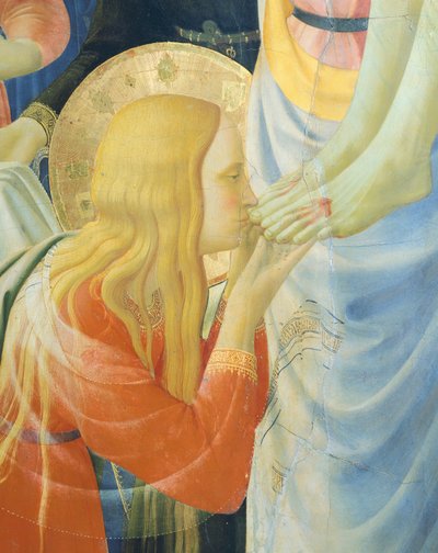 María Magdalena besando los pies de Jesús, detalle de Deposición de la Cruz o Retablo de la Santísima Trinidad, hacia 1432, de Giovanni da Fiesole conocido como Fra Angelico (1400-circa 1455), temple sobre madera de Fra (c.1387 1455) Angelico